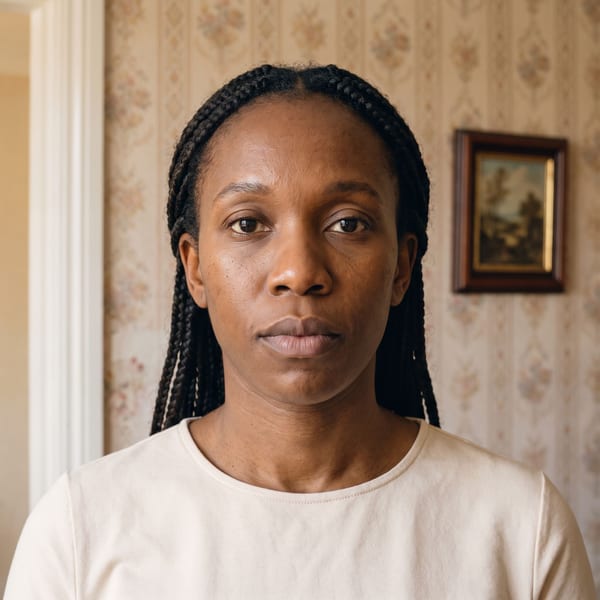 Woman photographed in a living room with patterned wallpaper and a framed picture behind her