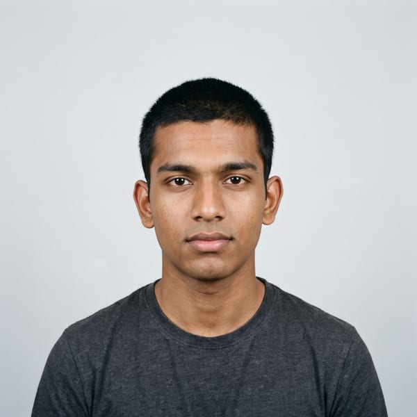 Young man in a plain grey t-shirt against a plain pale background