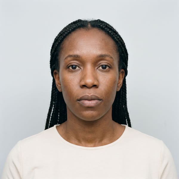 Woman with braided hair worn back, against a plain pale background