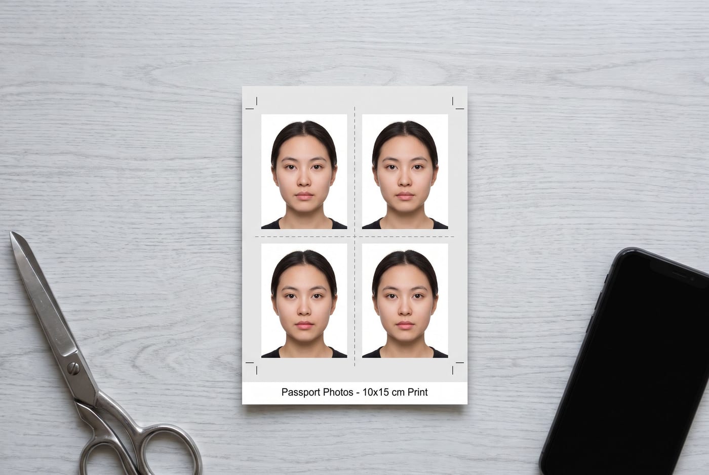A 10x15 cm print sheet of four identical photos with cut lines, next to a pair of scissors